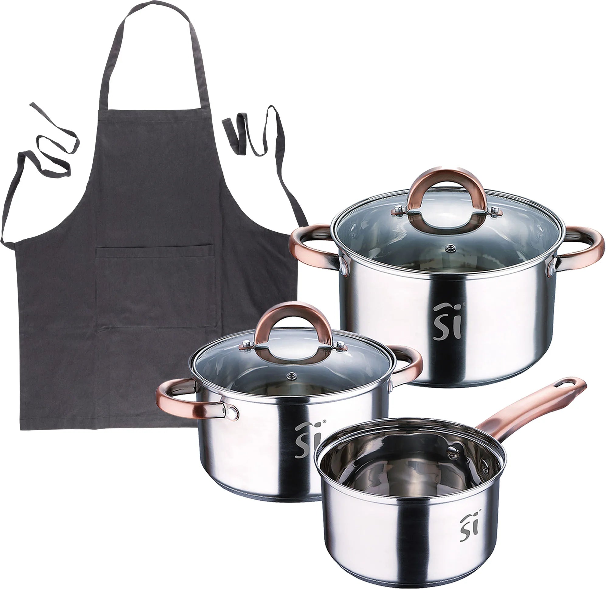 5-piece stainless steel cookware set (16 18 20) suitable for induction cooktops + Dark gray 100% cotton kitchen apron