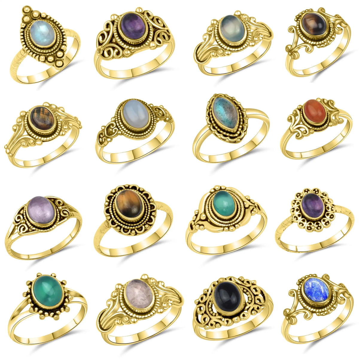Multi Assorted Natural Oval Shape Crystal Bezel Fashion Rings Premium Quality Silver Plated Brass Ring Lot Religious Style MegaBDM