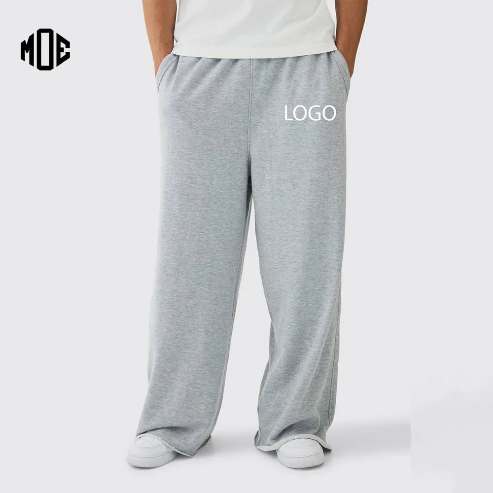 OEM Heather Grey Lightweight 100% Cotton Woolen Mid Distressed Bottom Sweatpants Breathable Loose Man Baggy Embroidery High