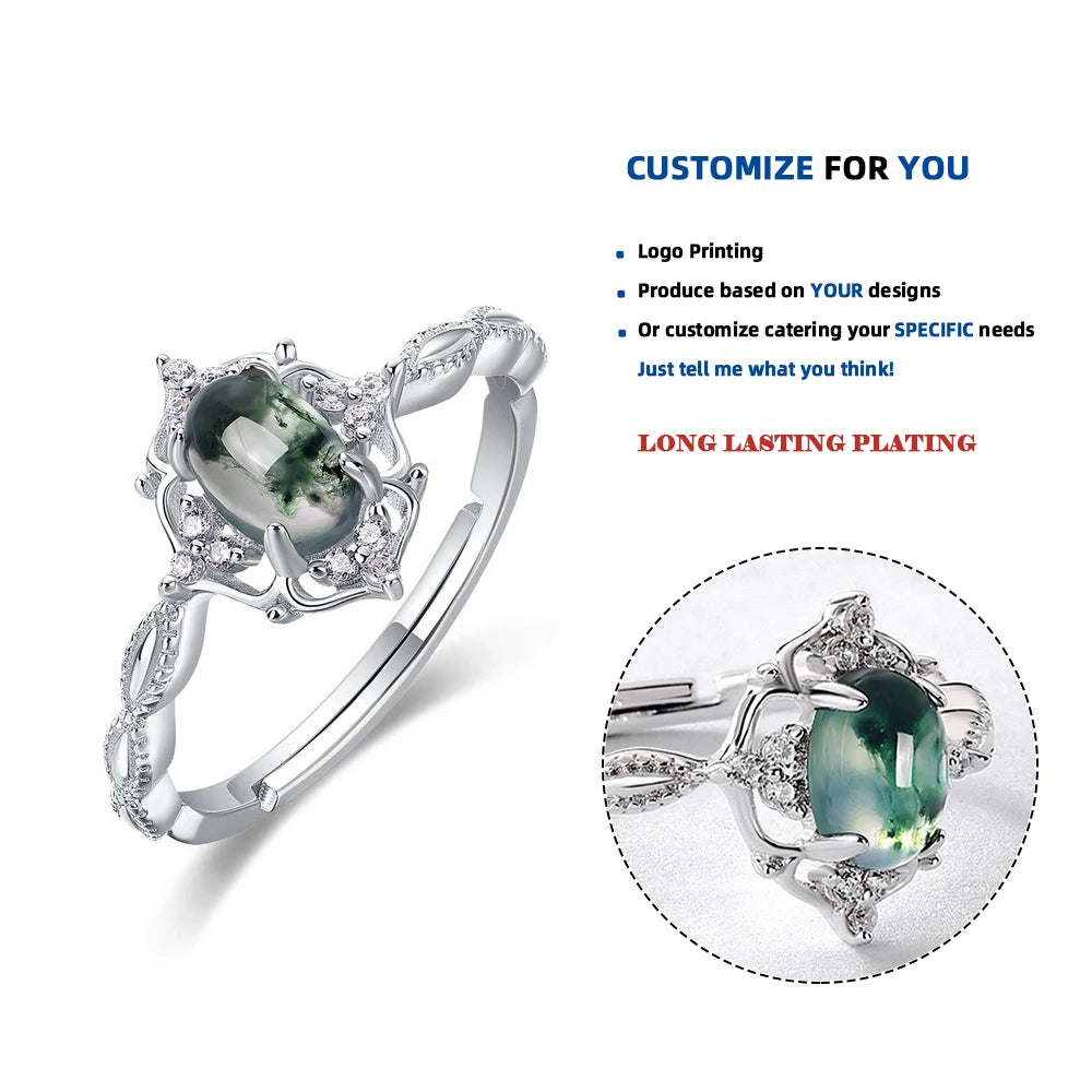 R004850-L 925 Silver Jewelry Retro Grass Agate Open Ring Gold Plated Round Shape Natural Green Moss Agate Ring for Women