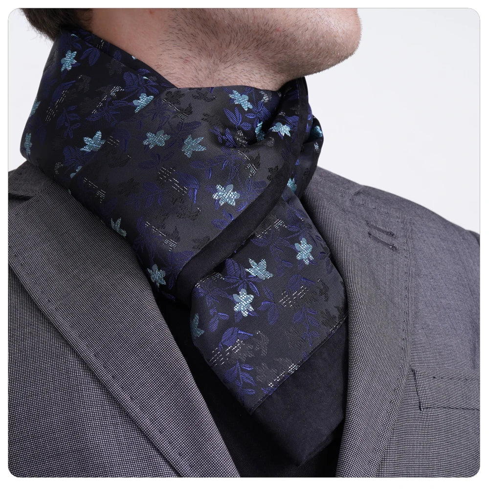 Exve Exclusive Elegant Double-Sided Jacquard Woven Turkey Origin Scarf Black Navy Blue Turquoise Floral Pattern Hat Glove Sets