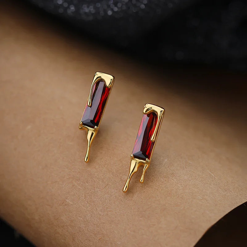 Aimgal Fine Jewelry Golden Lava Flow Stud Earrings Gold Plated 925 Silver Geometric Design 5A Red Zircon in Emerald Cut