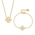 Full Zirconia 5 Leaf Clover Pendant Necklace Set Ultra Thin Delicate Choker Bracelet Stainless Steel Women's Jewelry