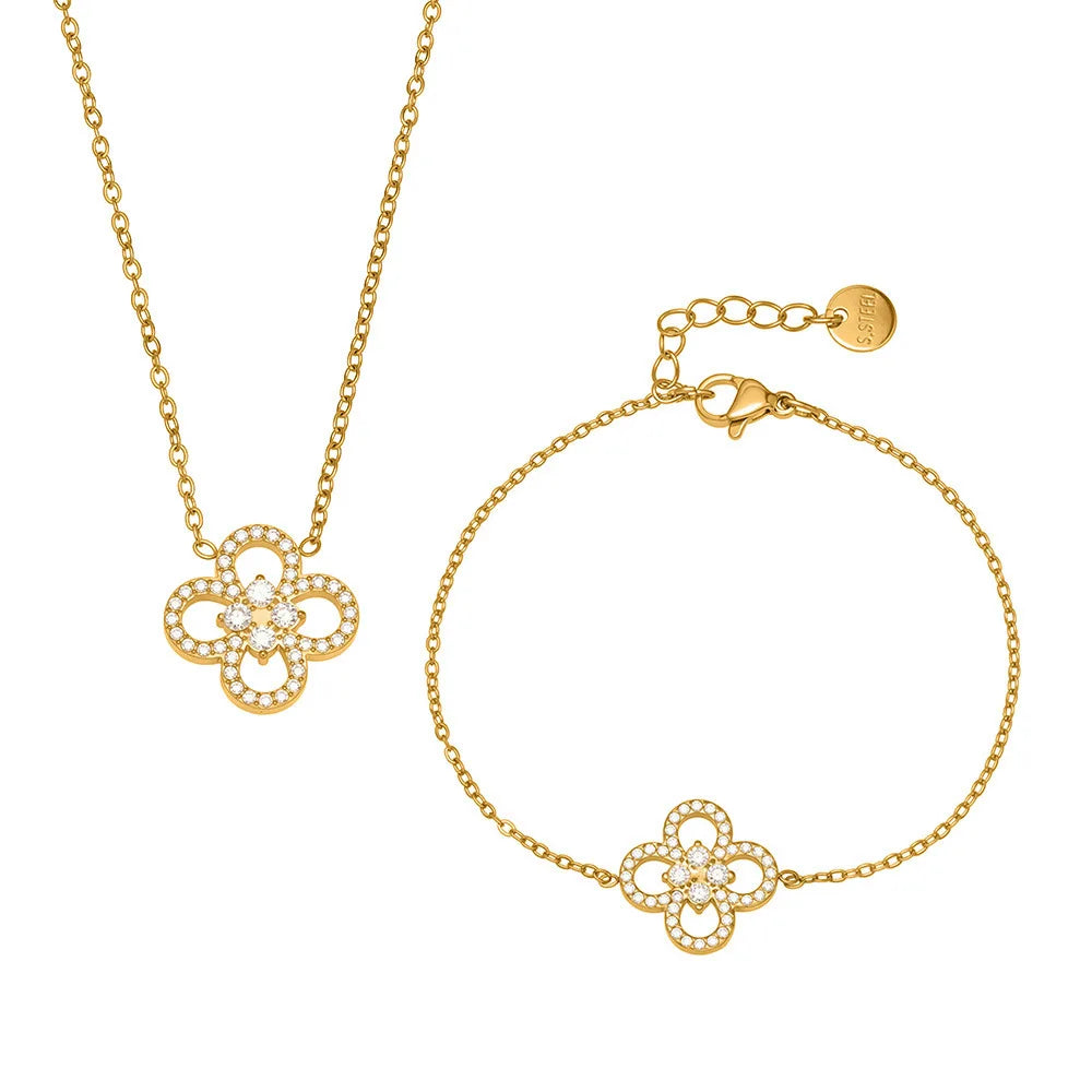 Full Zirconia 5 Leaf Clover Pendant Necklace Set Ultra Thin Delicate Choker Bracelet Stainless Steel Women's Jewelry