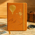 LABON Retro Travel Journal with Hot Air Balloon and Compass Deboss Brown PU Leather Notebook with Mountains and Elastic Band