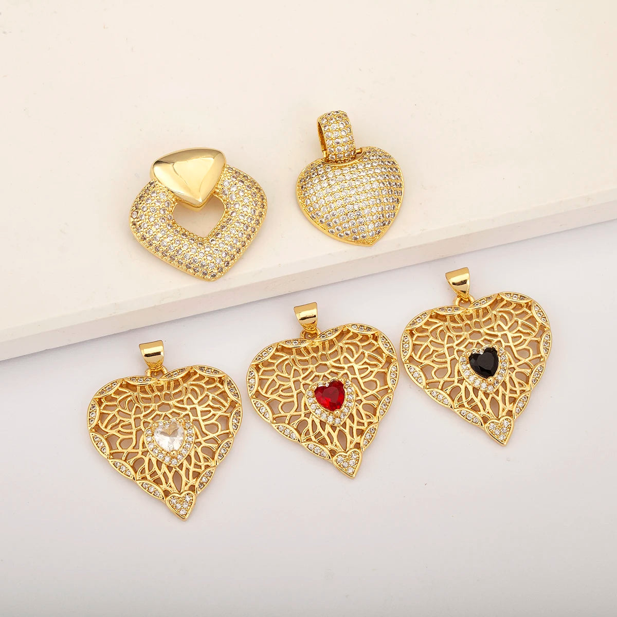QIKU Gold Plated Metal Heart Charm with Zircon Rhinestone Luxury Designer Pendant for DIY Jewelry Making Wholesale Accessories