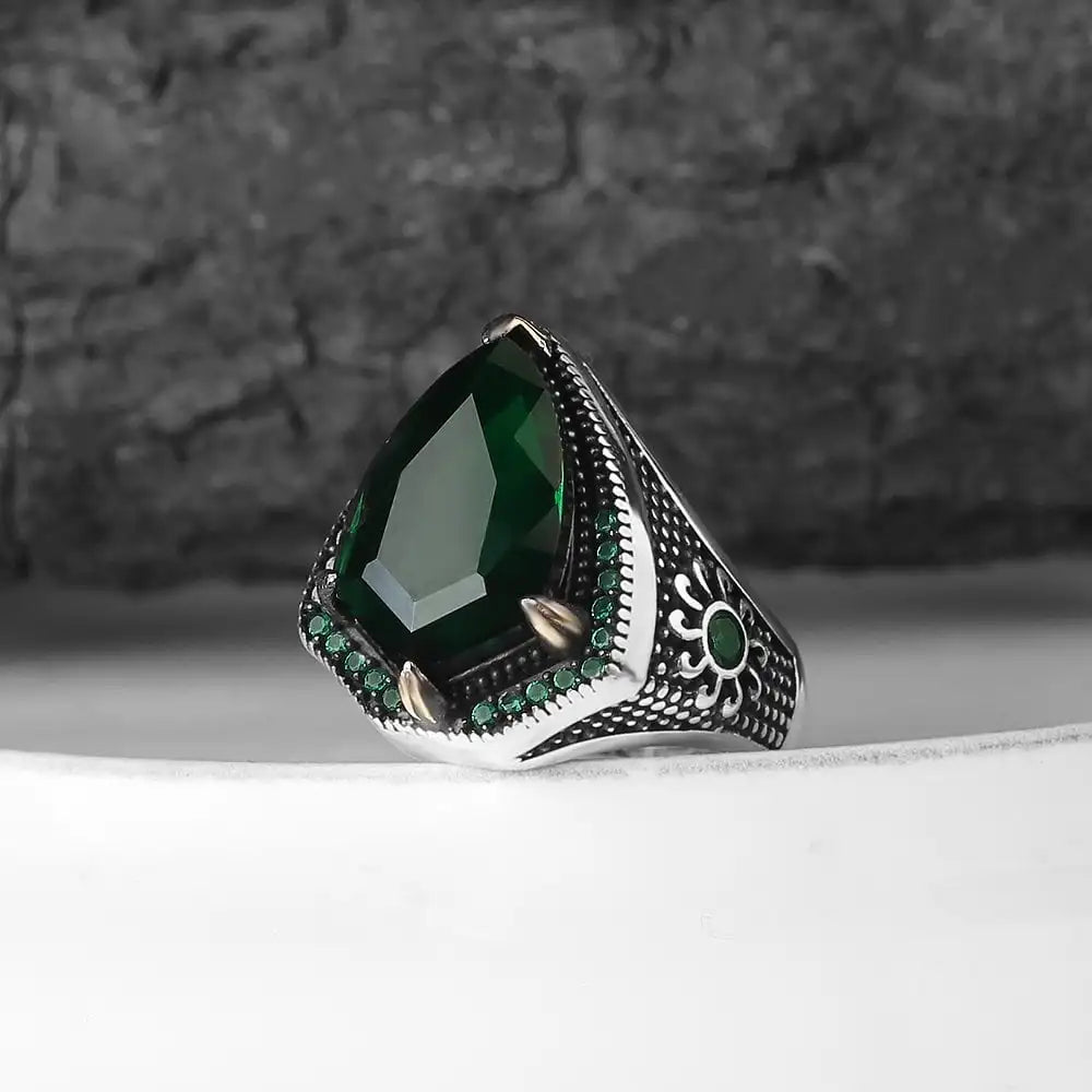 Turkish 925 Sterling Silver Men's Ring Ottoman Style Naturel Black Stone Handmade Jewelry Azuris VALKH1301