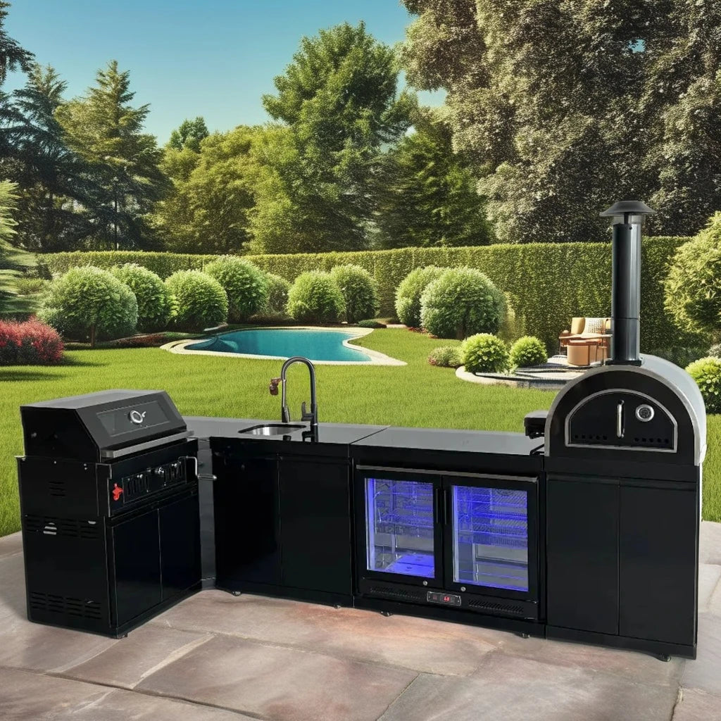 Premium Luxury Black Custom L Shaped Stainless Steel Outdoor Kitchen Cabinet Pizza Oven Charcoal BBQ Grill Modern Design Sink