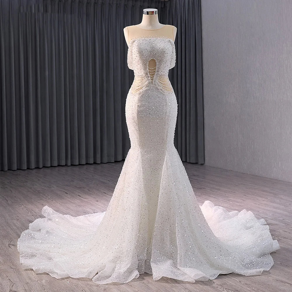 Jancember 241042 Illusion Pearls Sleeveless Mermaid Wedding Gowns Dresses