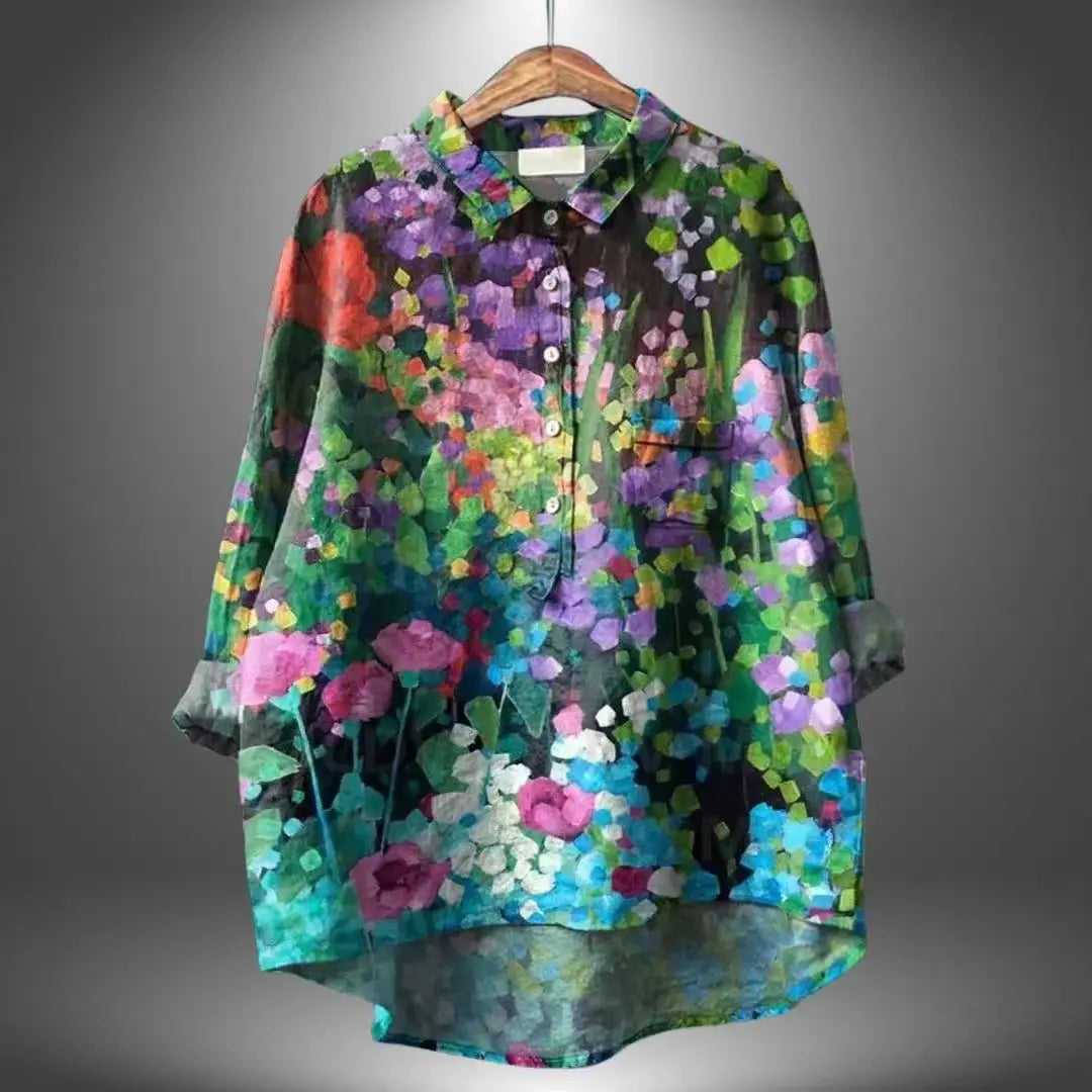 2025 New Summer Women's Stylish Comfortable Casual Loose-Fit Colorful Printed Rolled-Collar Blouse