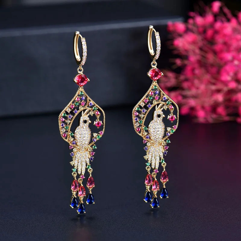 Luxury Colorful CZ Zircon Earrings Statement Tassel Earrings Vintage Phoenix Pendant Earrings for Women