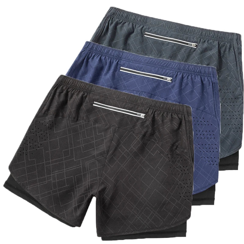 Factory Striped Embossed 2-in-1 Lining Compression Training Men's Fitness Shorts With Back Zipper Pocket