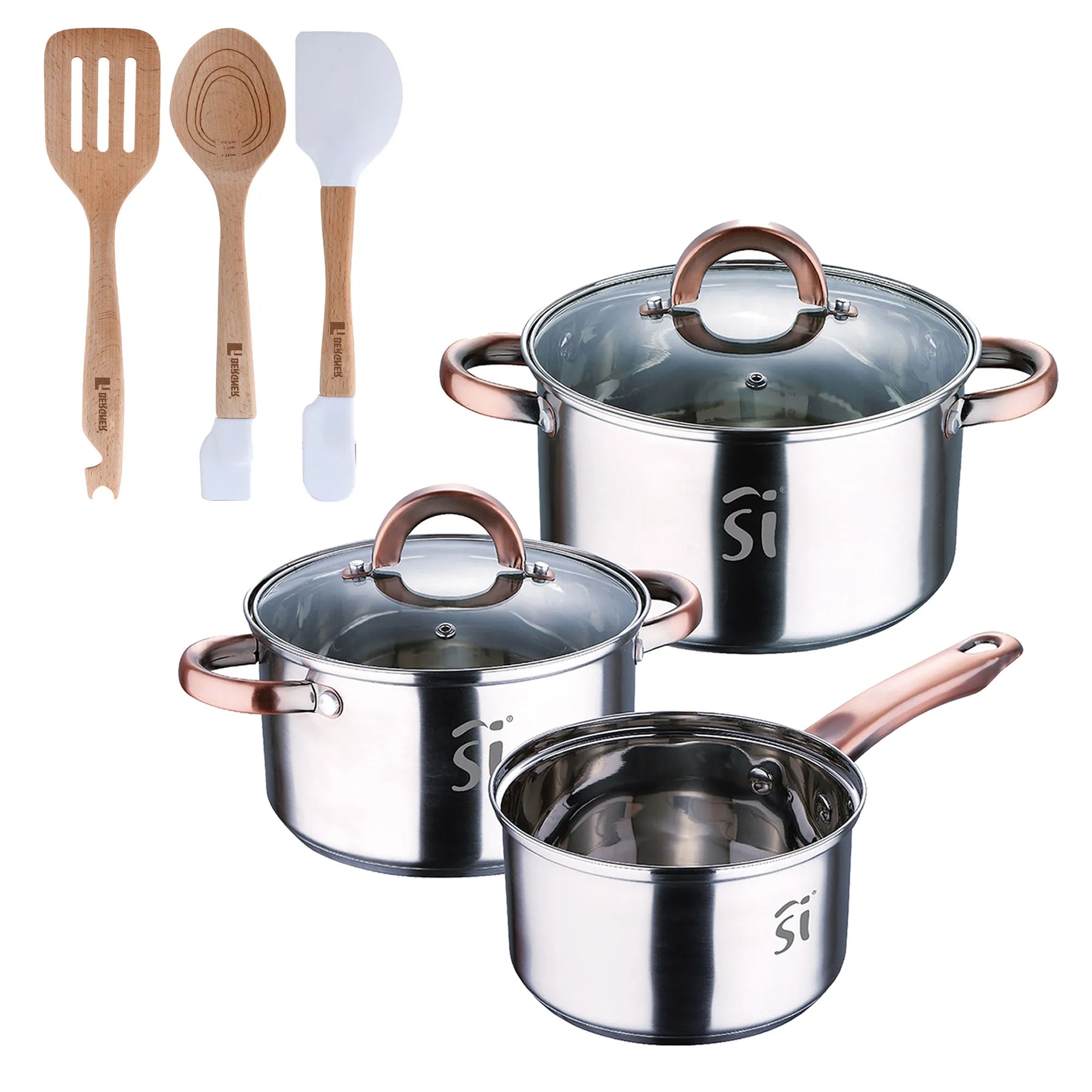 5-piece stainless steel cookware set 16/18/20 suitable for induction + Bergner NATURALLY 3-piece silicone and wooden kitchen