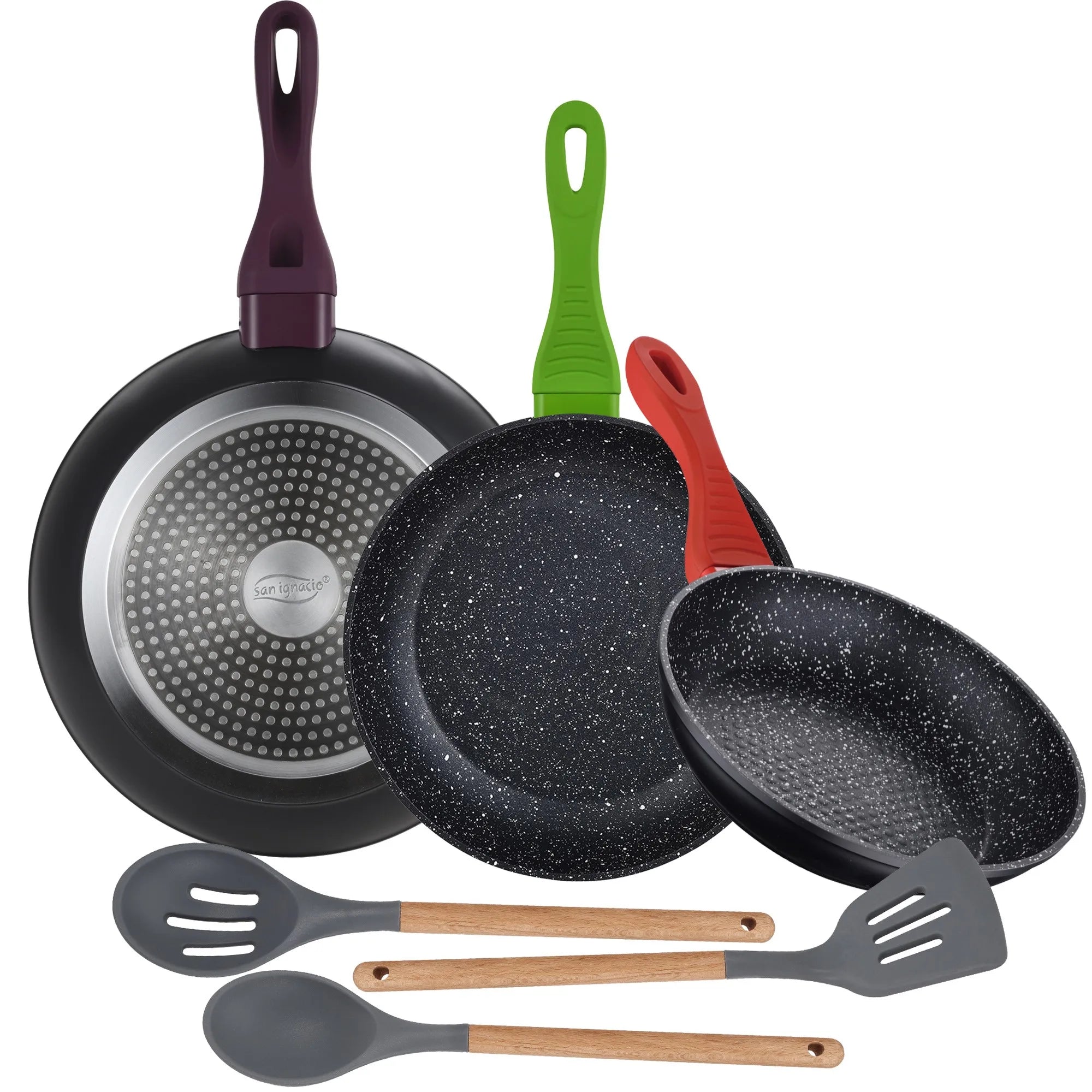 3-PACK OF FORGED ALUMINUM FRYING PANS (20/24/28CM) + 3-PC KITCHEN UTENSIL SET (SILICONE AND WOOD)