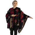 Exve Exclusive Unisex Red Beige Black Wool Poncho Winter Shawl Ethnically Patterned Non-Pilling Camping Hiking Cold Weather