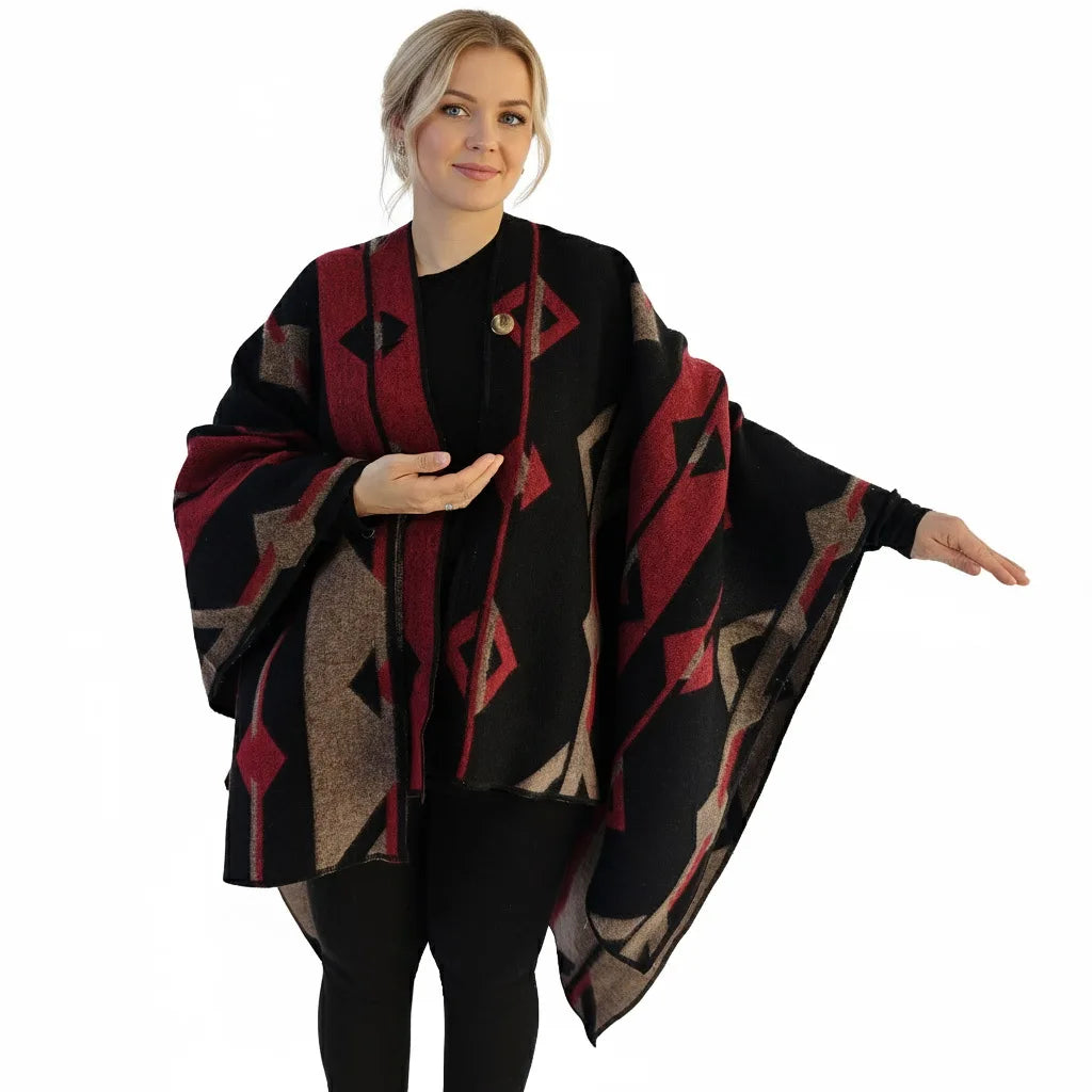 Exve Exclusive Unisex Red Beige Black Wool Poncho Winter Shawl Ethnically Patterned Non-Pilling Camping Hiking Cold Weather