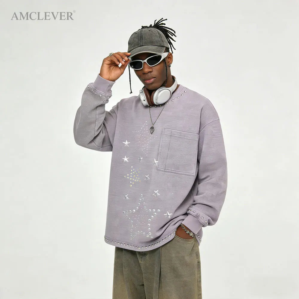 Oversized Fit Men Long Sleeve Tee Waffle Knit 100% Cotton Small Crew Neck Custom Rhinestone & Pearl Studs Autumn Winter T-shirt