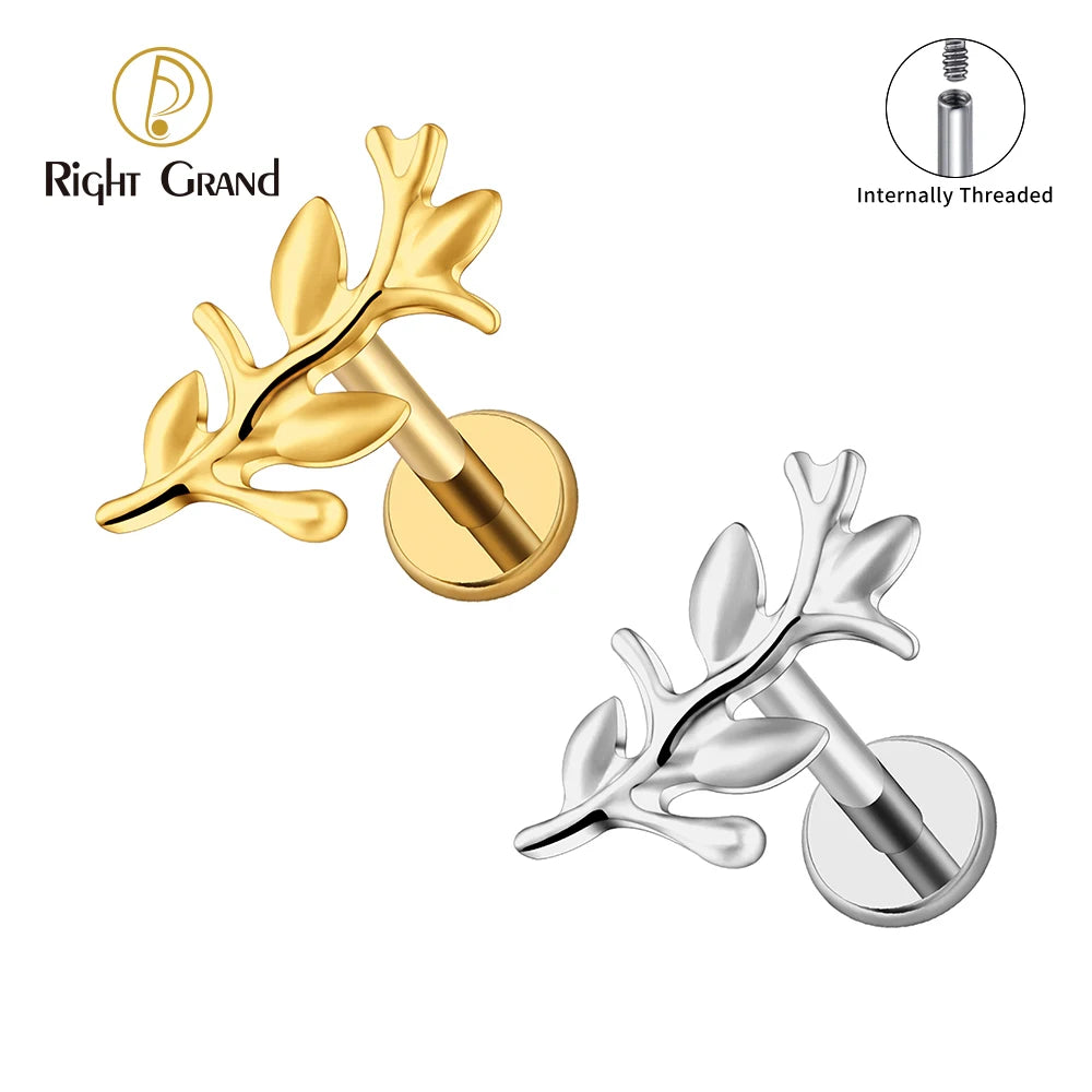 Daily Wear Leaf Shape Internally Threaded Body Piercing Jewelry ASTM F136 Titanium PVD Gold Flat Base Lips Cartilage Earring MegaBDM