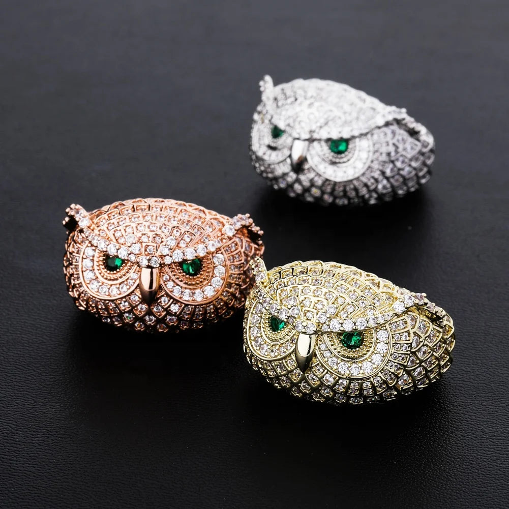 Luxury Fashion Owl Emerald Brass Real Gold Plated Rings Stylish Hip Hop Cubic Zircon Iced Out Wedding Anniversary Party Jewelry
