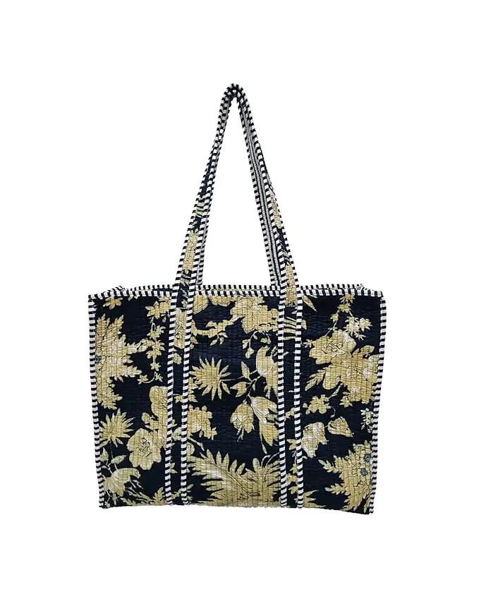 Floral Printed Black Cotton Quilted Vintage Bohemian Zipper Lightweight Women's Fashion Shoulder Tote Bag Stylish Shopping MegaBDM