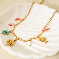 Wholesale Summer Beach Stainless Steel 18K Gold Plated Enamel Coral Palm Tree Dolphin Stones Charms Necklace for Women