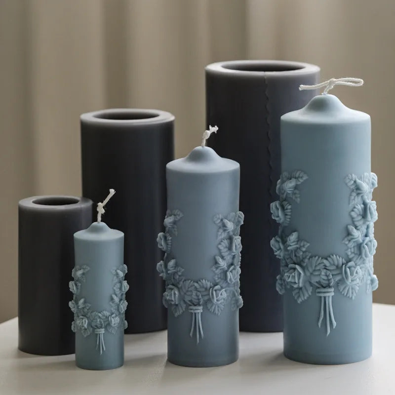 Cylindrical Flora Wax Making Decorative Gift Embossed Roses Candle Mould Flower Pillar Candle Silicone Molds