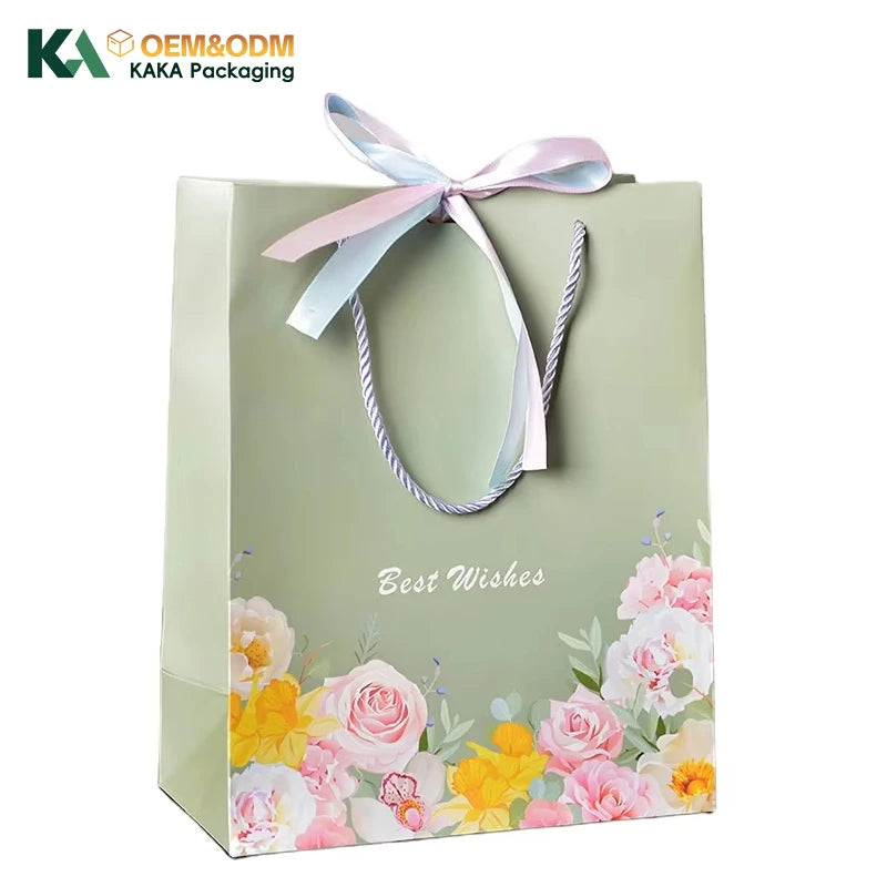 KAKA Custom Logo Flowers Gift Paper Bag Foldable Luxury Boutique Packaging for Wedding & Cosmetics with Ribbon and Cotton Handle