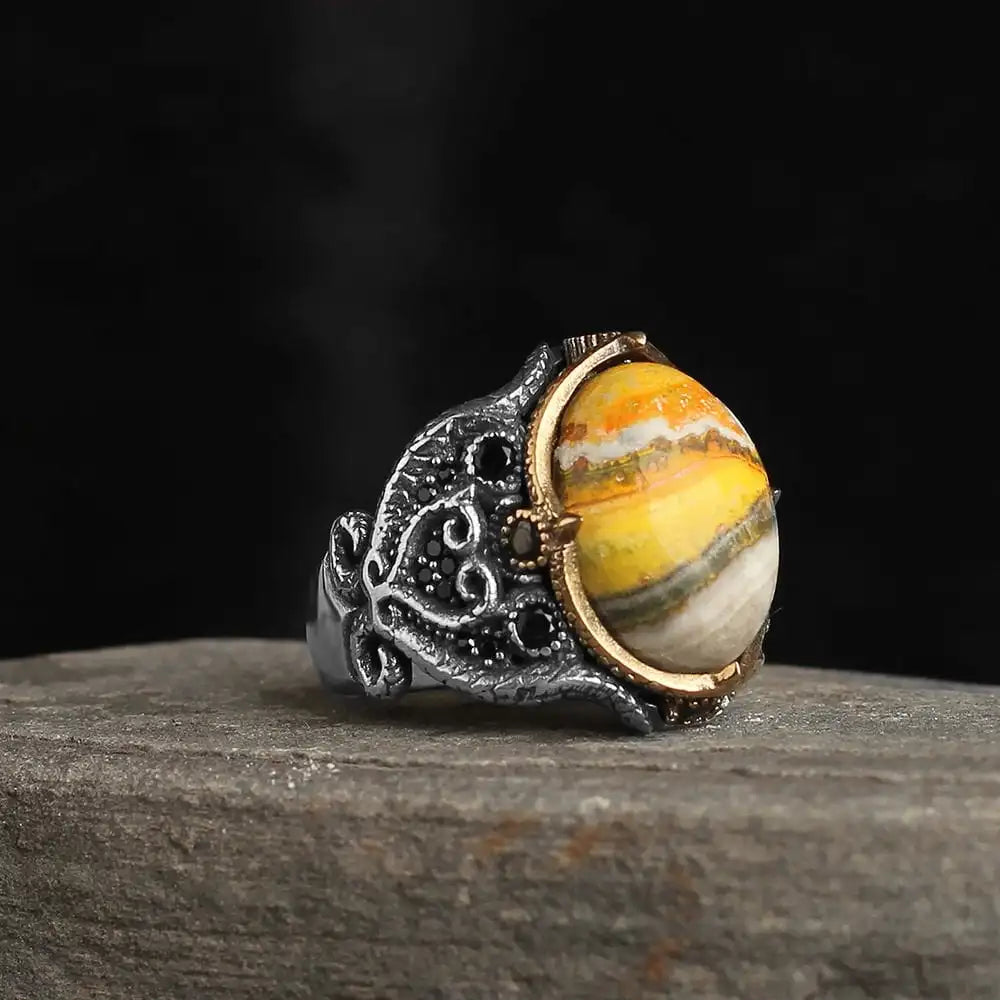 Turkey Azuris VALKH1475 925 Sterling Silver Men's Ring Ottoman Style Natural Black Stone