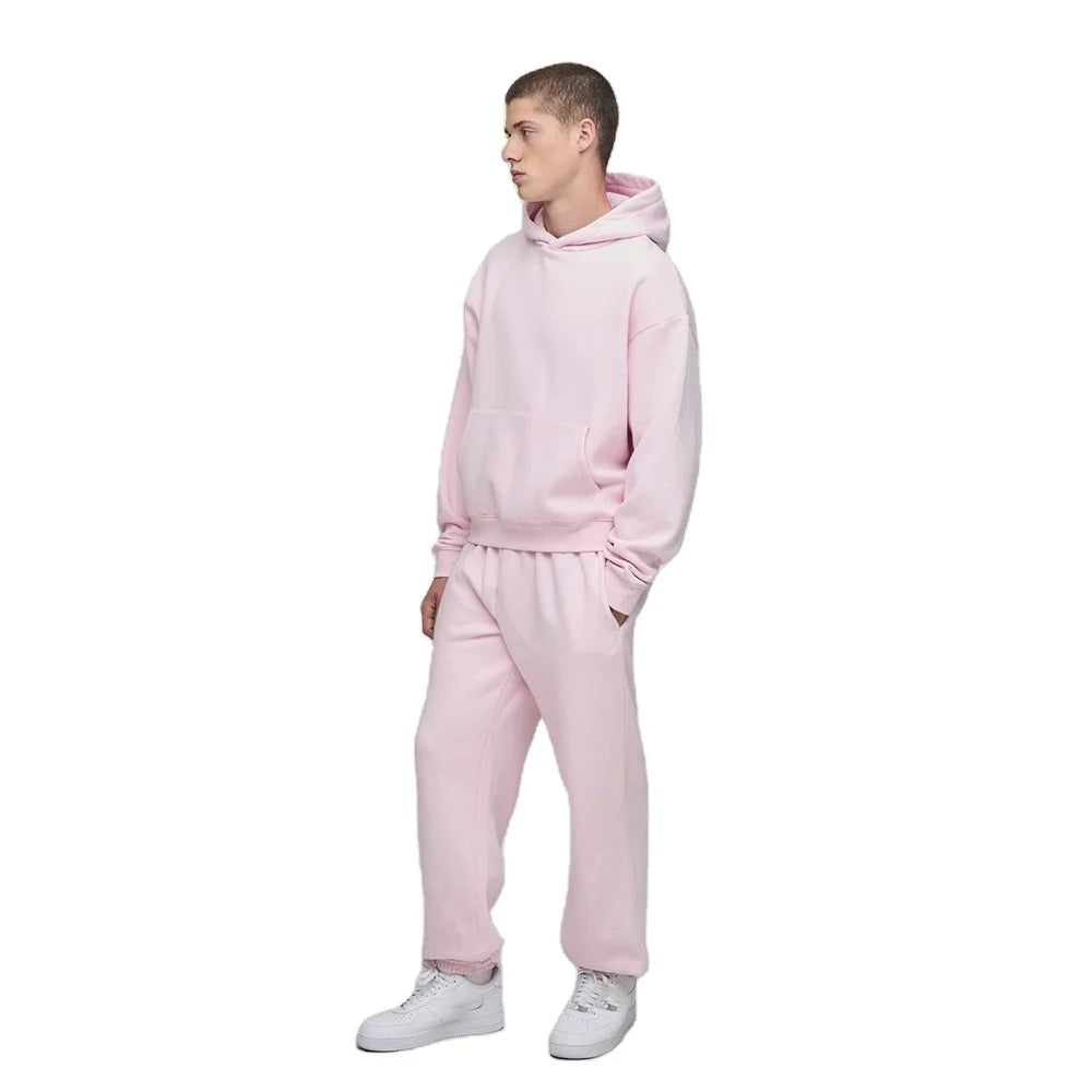 Light Pink Baggy Hoodie with Kangaroo Pocket and Elastic Hem Jogger Bottoms Cozy Winter Fabric Two-Piece Urban Tracksuit for Men