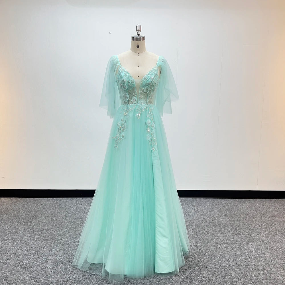 Jancember LSMZ17 Modest V-neck Sequins Evening Formal Party Women's Gowns Dresses