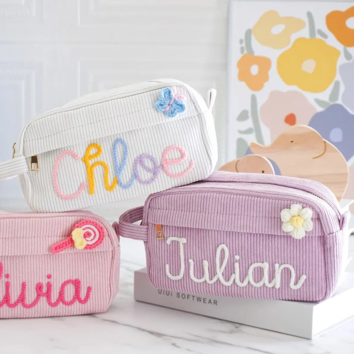 SW Trendy Personalized Custom Name Geometric Large Handled Fashion Corduroy Cosmetic Bag Portable Makeup Storage Case for Travel