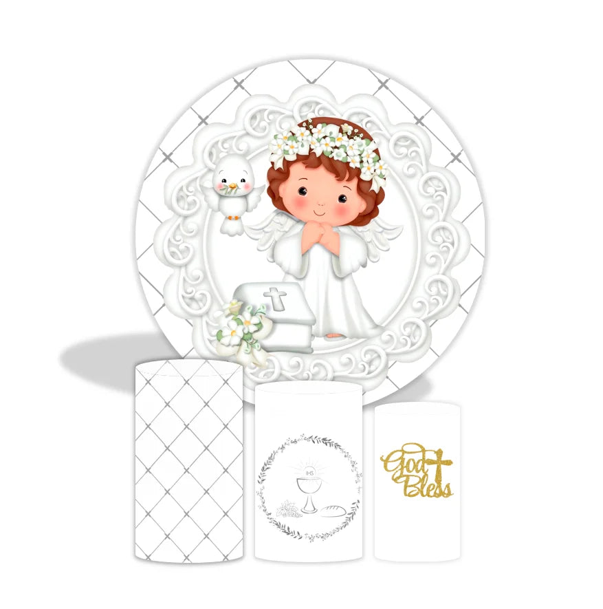 Hot White Baby Shower My Baptism Party Decorations for Birthday Cartoon Printing with Cylinder Fabric Event Circle Backdrop