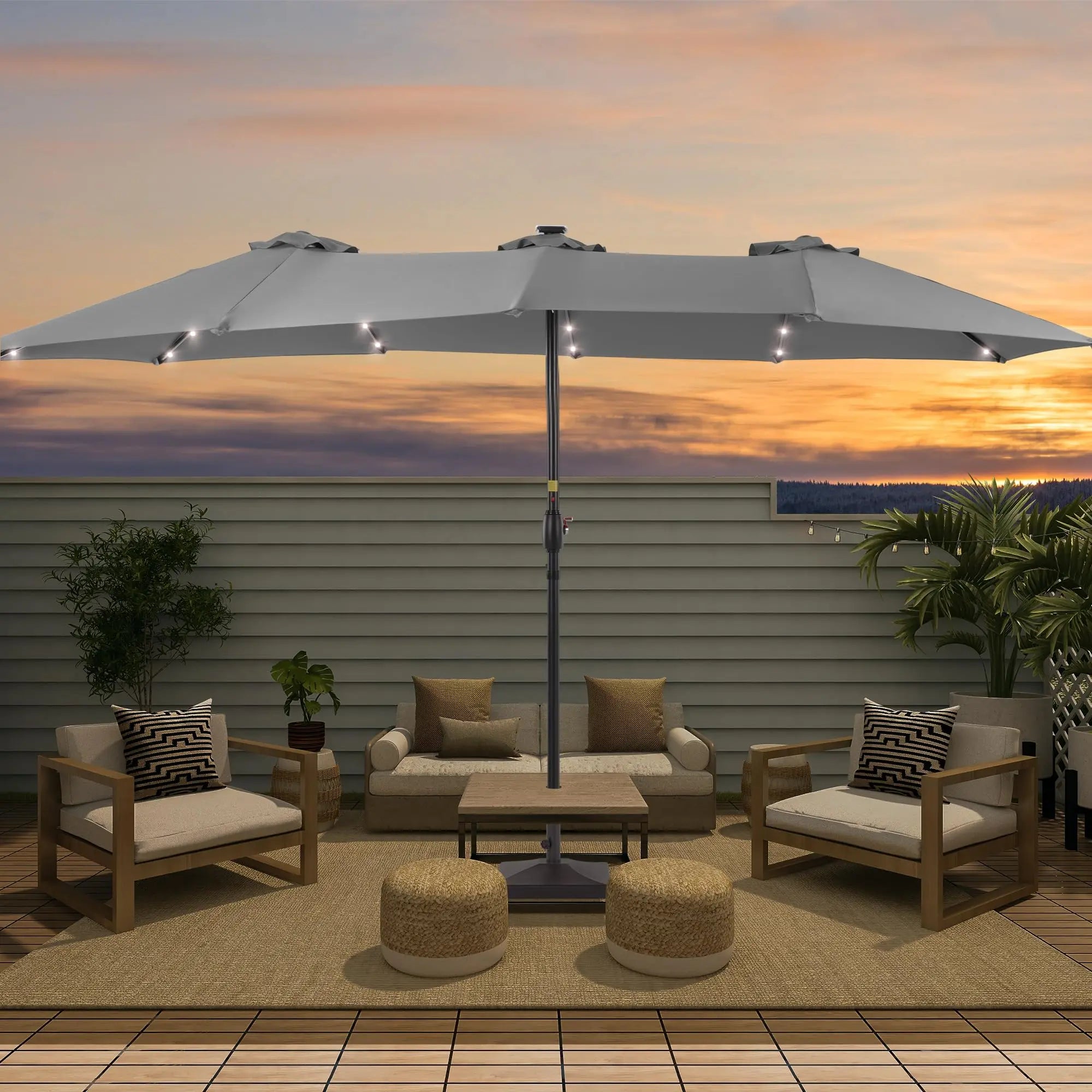 15ft Double-Sided Patio Umbrella With Hand Crank 48 LED 12 Ribs Outdoor Umbrella With Wind-Resistant Design