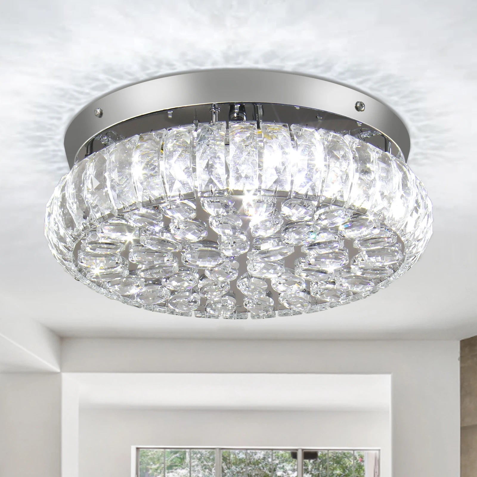 12.6" Modern Crystal Chandelier LED Crystal Ceiling Light Flower Flush Mount Chandelier for Bedrooms Living Room Dining Room