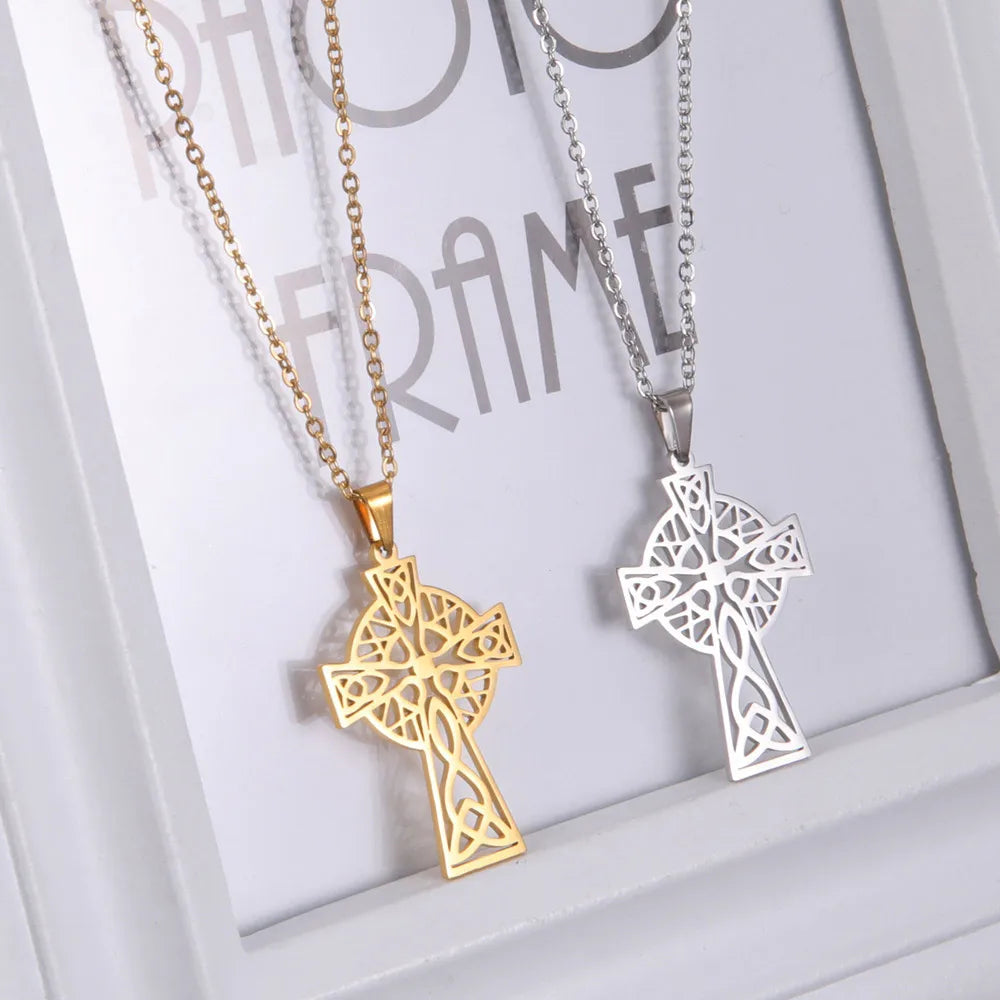 Wholesale Cheap Religious Gold Plated Stainless Steel Cross Necklace Link Chain Peace Design Imitation Jewelry Making Supplies
