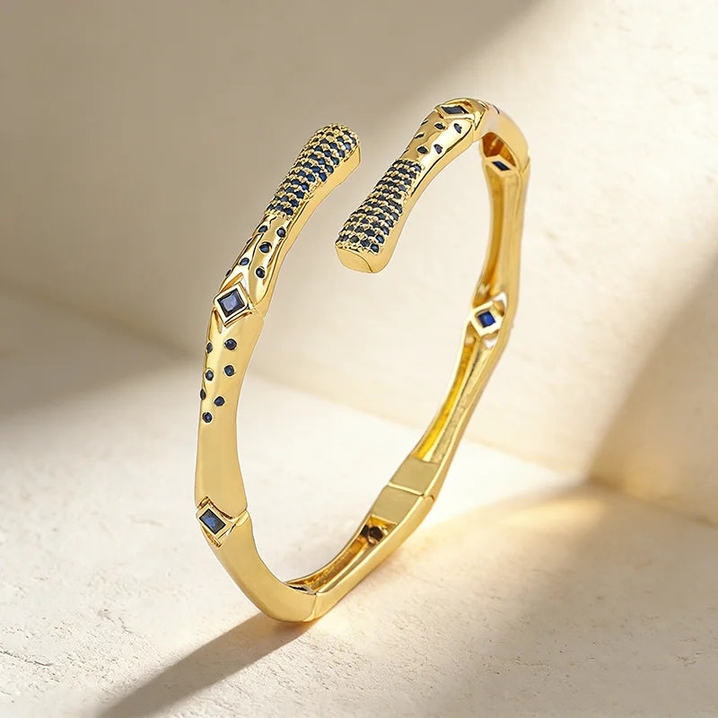 QIKU Bamboo Shape Opening Adjustable Elegant Bracelet Copper Zircon Blue/Red Color Rhombus Jewelry Women Party Anniversary Gift