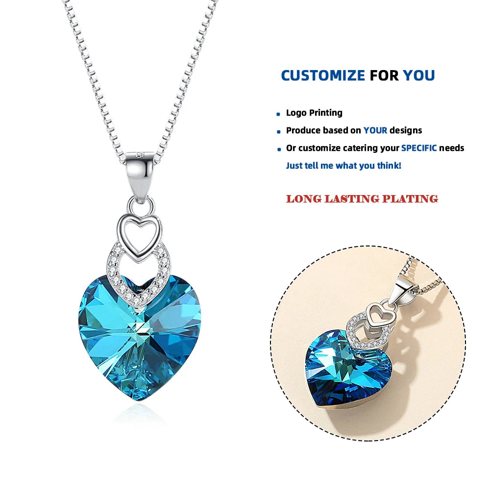 D298 S925 Blue Crystal Heart Shape Necklace 925 Sterling Silver Heart of the Ocean Pendant Sapphire Heart Necklace
