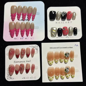 Handcrafted Luxury Hot Pink French Stud Black Plaid Heart Custom Almond Square False Nails 070 071 072 073