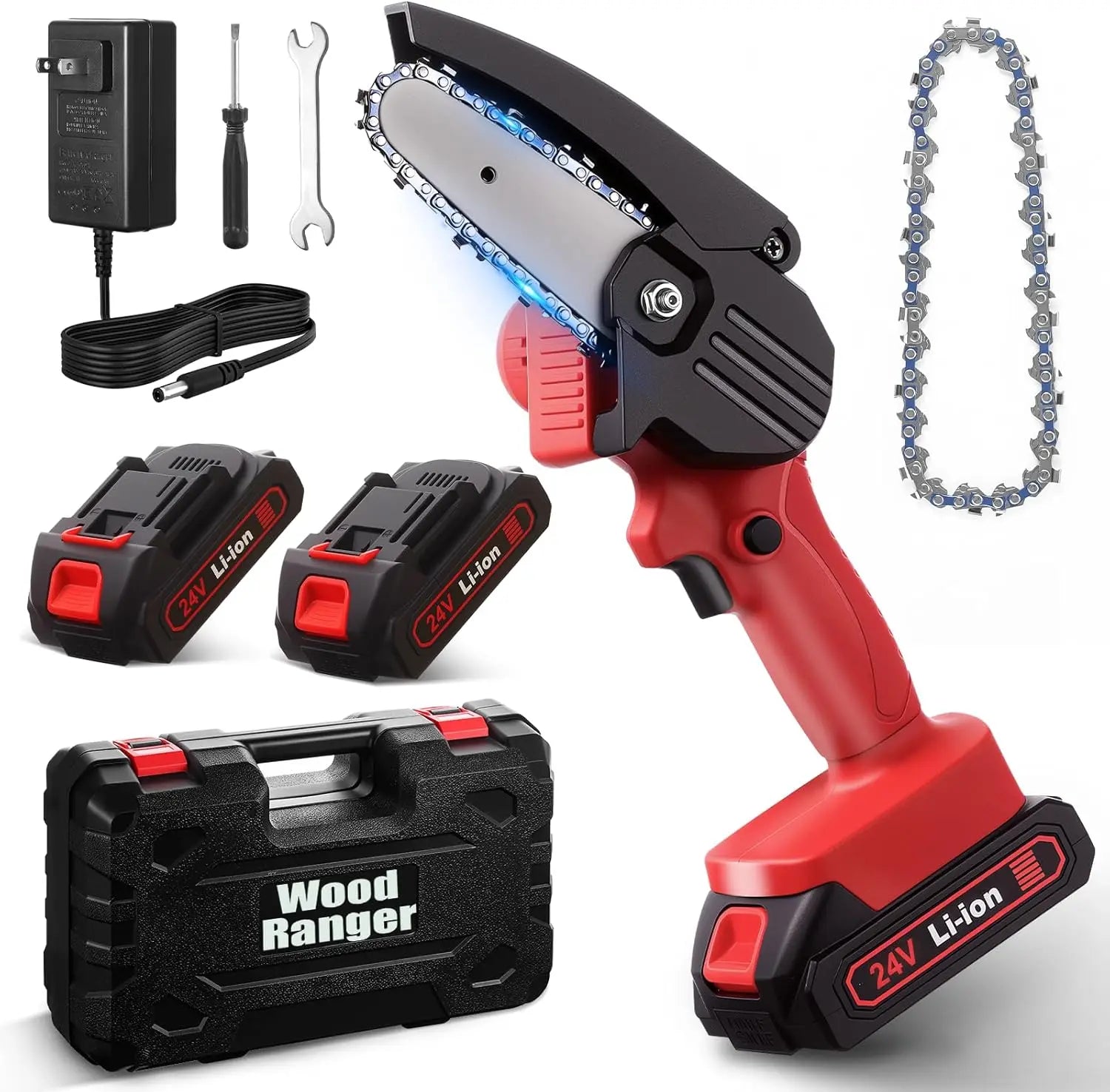 Wood Ranger Mini 4-Inch Electric Cordless Chainsaw Portable Home Garden Wood Cutting Tool 2 Batteries 2 Chains for Tree Trimming