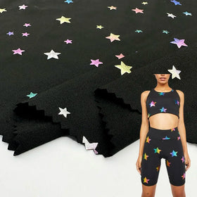 Fabric and Textiles Raw Material Stretch Stars Foil Print Knitted Elastane Nylon Spandex Fabrics for Sportswear and Yoga Wear