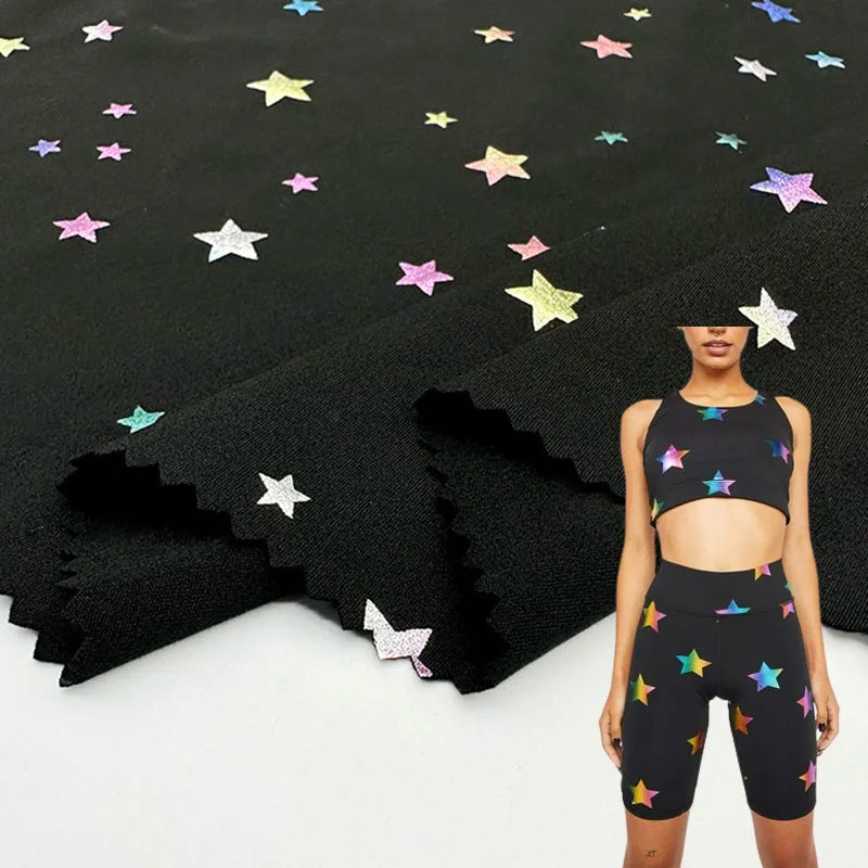 Fabric and Textiles Raw Material Stretch Stars Foil Print Knitted Elastane Nylon Spandex Fabrics for Sportswear and Yoga Wear