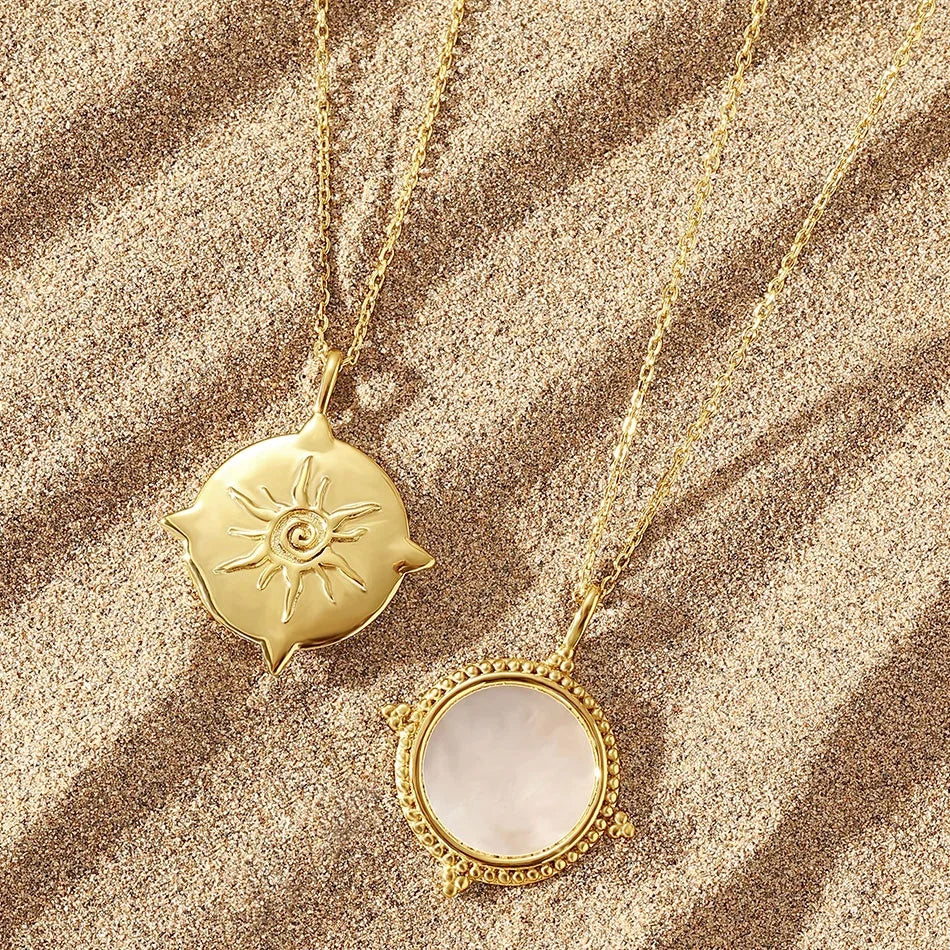 Nagosa 18k Gold Vermeil 925 Sterling Silver Mother of Pearl Pendant Round Sunburst Double Sided Pendant Necklaces for Women