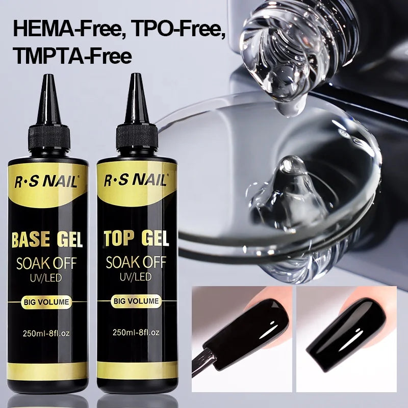 R S Nail Wholesale Bulk 15ml 250ml Non-Wipe Top Coat Private Label High Gloss HEMA TPO Free Top&base Coat MegaBDM