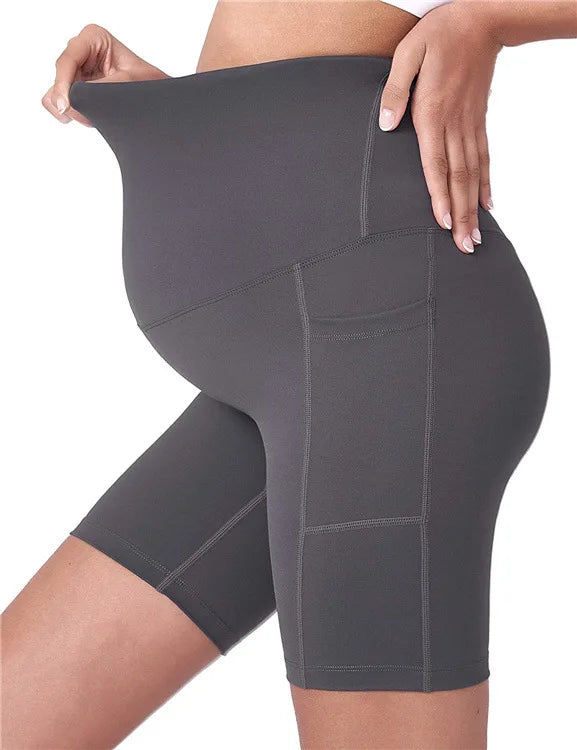 Maternity Breathable Nonwoven Spandex/Cotton Shorts Over the Belly Biker Yoga Leggings Active Pregnancy Workout Pockets In-Stock