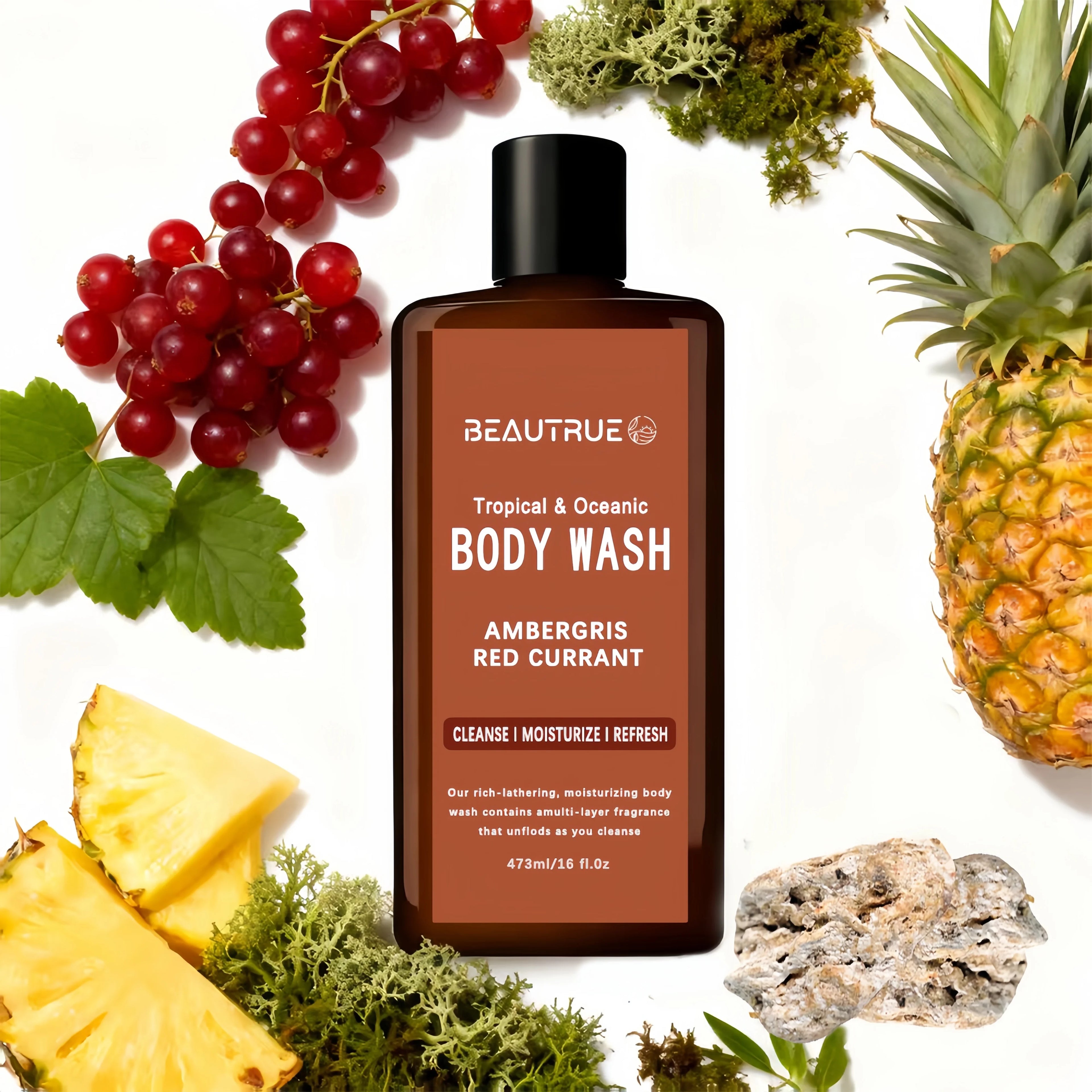 Private Label Rich Lathering Golden Amber Body Wash Men Red Currant Pineapple Ambergris Moss Moisturizing Fragrance Shower