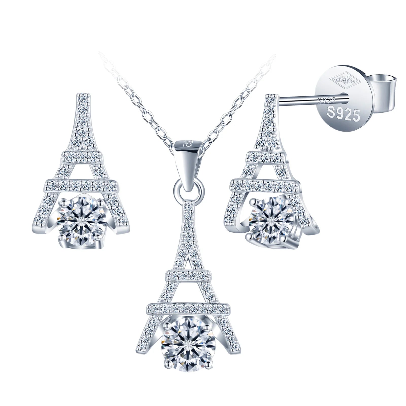 Eiffel Tower Earring Necklace Moissanite Set 925 Silver D Color VVS Moissanite Jewelry Set for Women