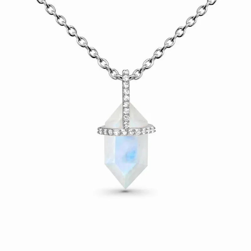 925 Sterling Silver Hexagon Cut Natural Blue Moonstone Pendant Necklace Rainbow Moonstone Jewelry