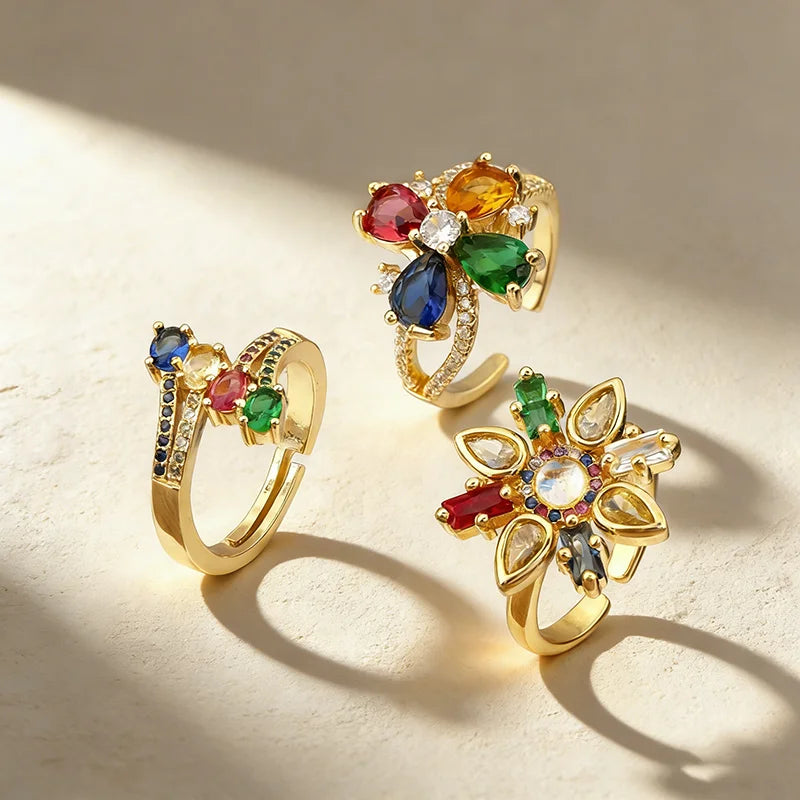 QIKU New Adjustable Ring Copper 18K Gold Plated Waterdrop Round Colorful Design for Woman Man Personalization Creativity Gift