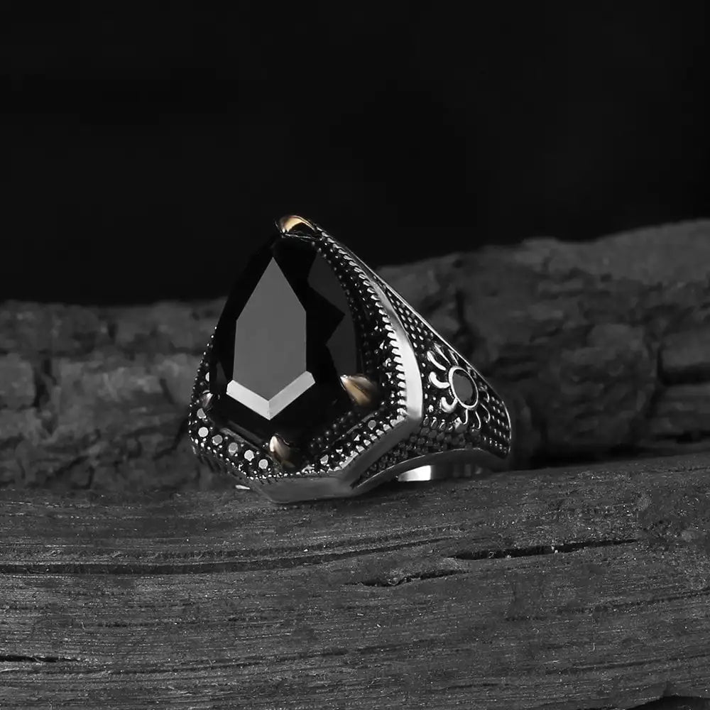 Turkish 925 Sterling Silver Men's Ring Ottoman Style Naturel Black Stone Handmade Fine Jewelry Azuris VALKH1298
