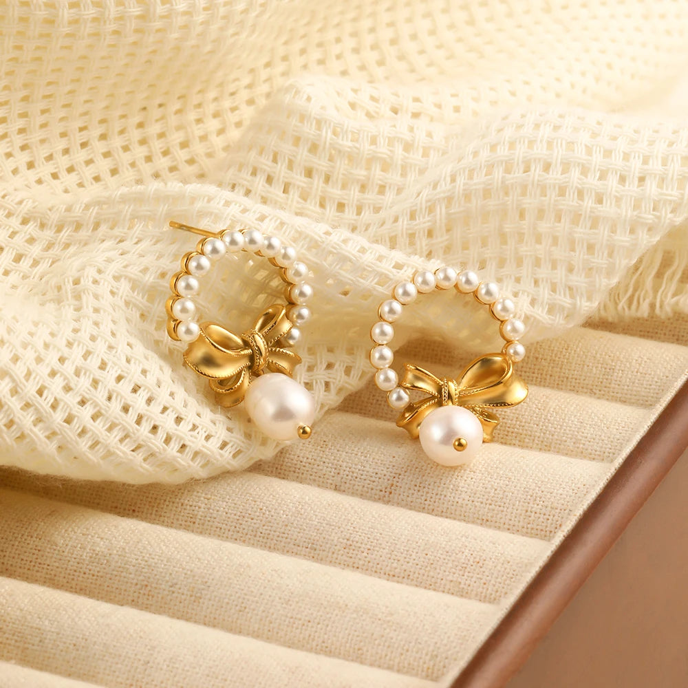 Dreamshow Fashion Pearl Tassel Bow Stud Earring for Women 18k Gold Plated Hypoallergenic Earrings Stainless Steel Jewelry